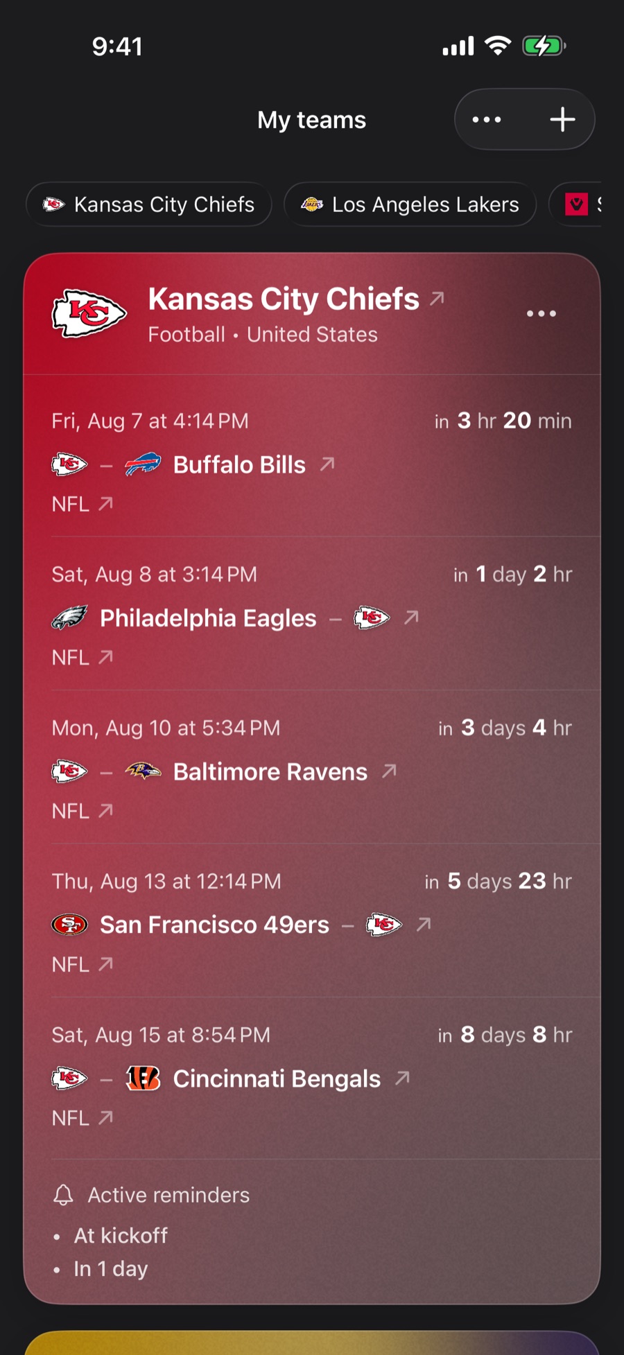 Your teams and their next matches on the dashboard