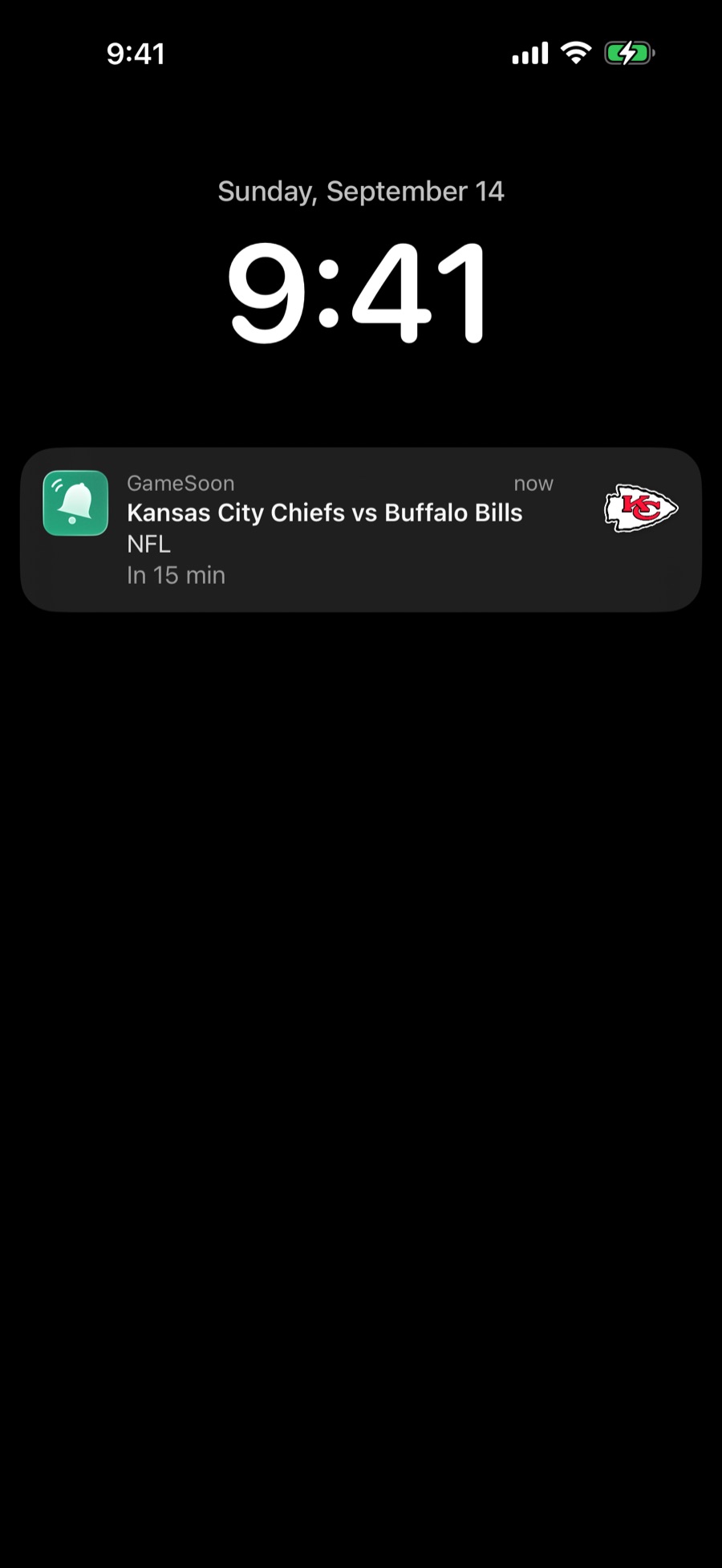 A match reminder on the Lock Screen — 15 minutes before kickoff