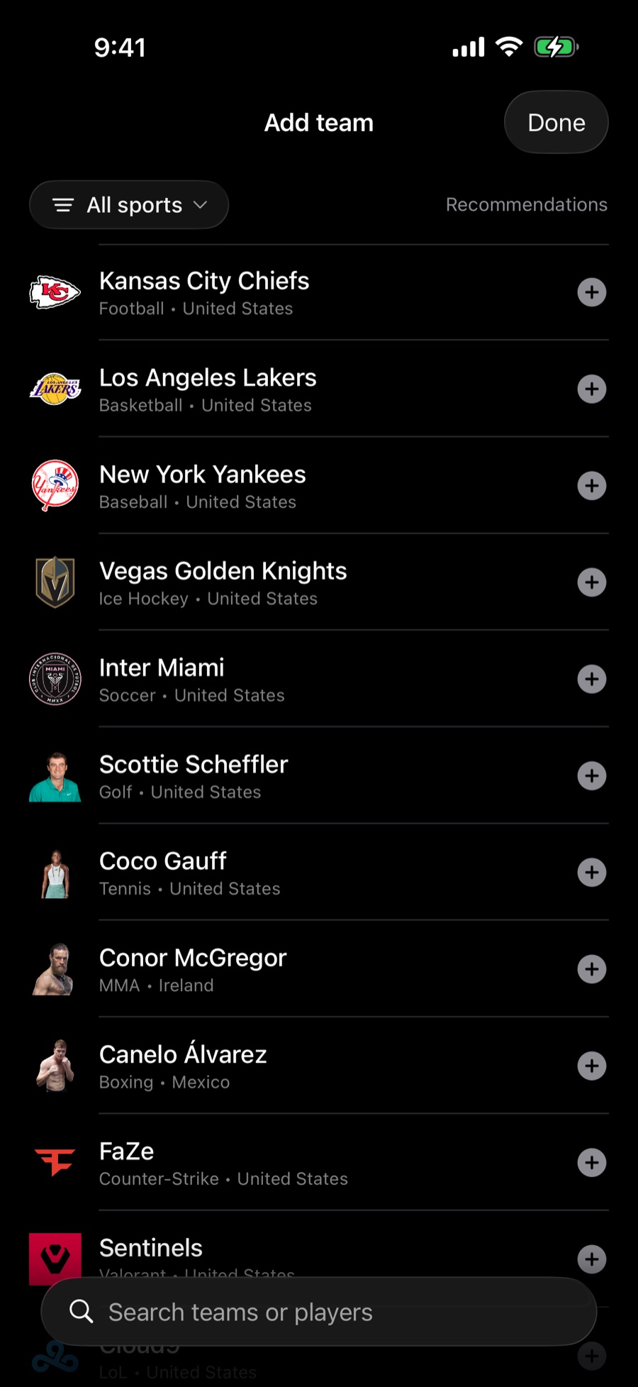 Adding a team — classic sports and esports