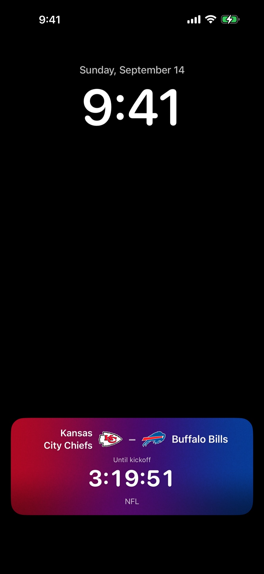 A Lock Screen Live Activity counting down to kickoff